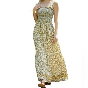 Max Studio Smocked Floral Full Length Maxi Dress White With Yellow Flowers